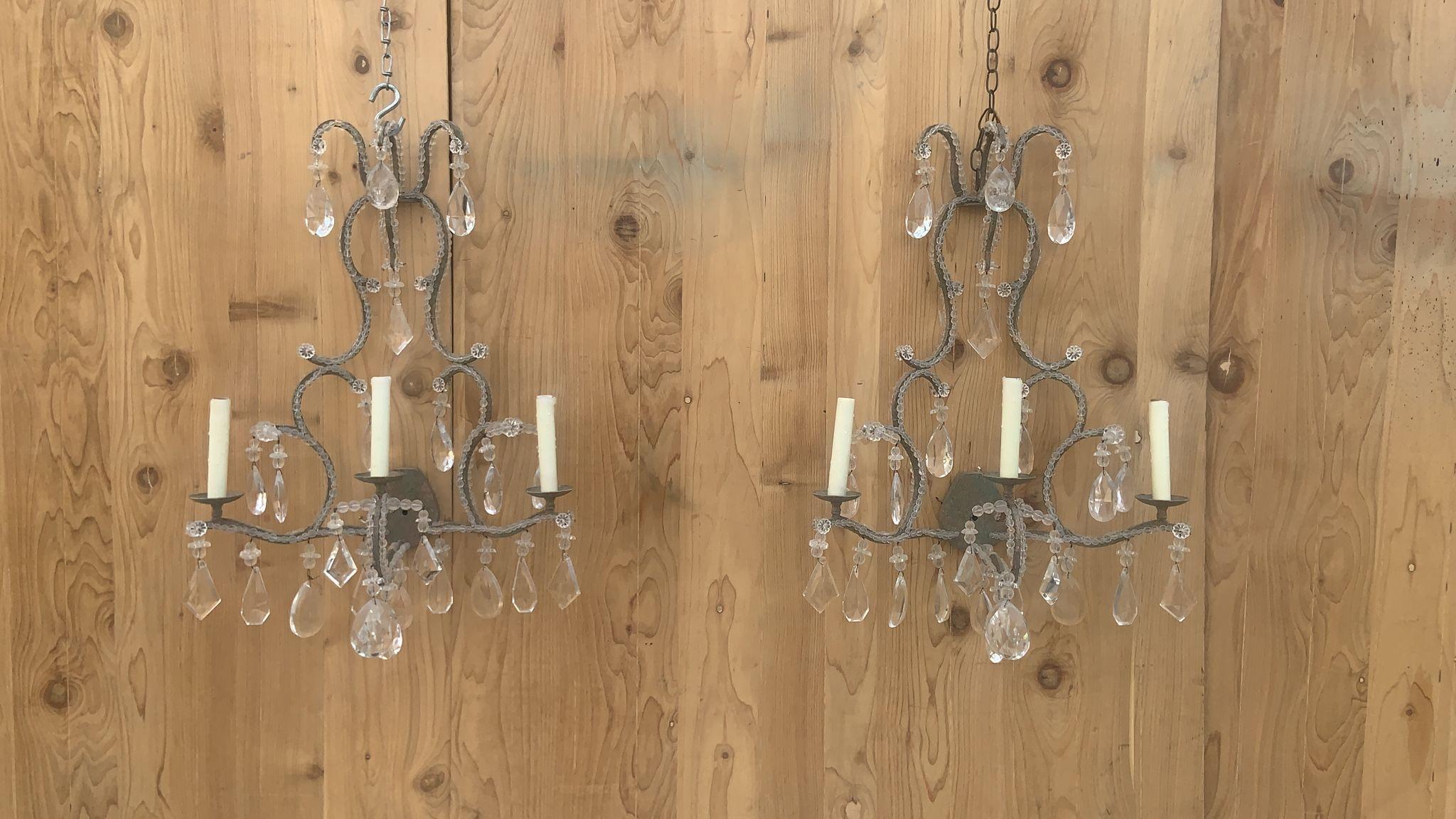 Dennis & Leen French Louis XIV Style Iron & Crystal Beaded Wall Sconces - Pair For Sale 4