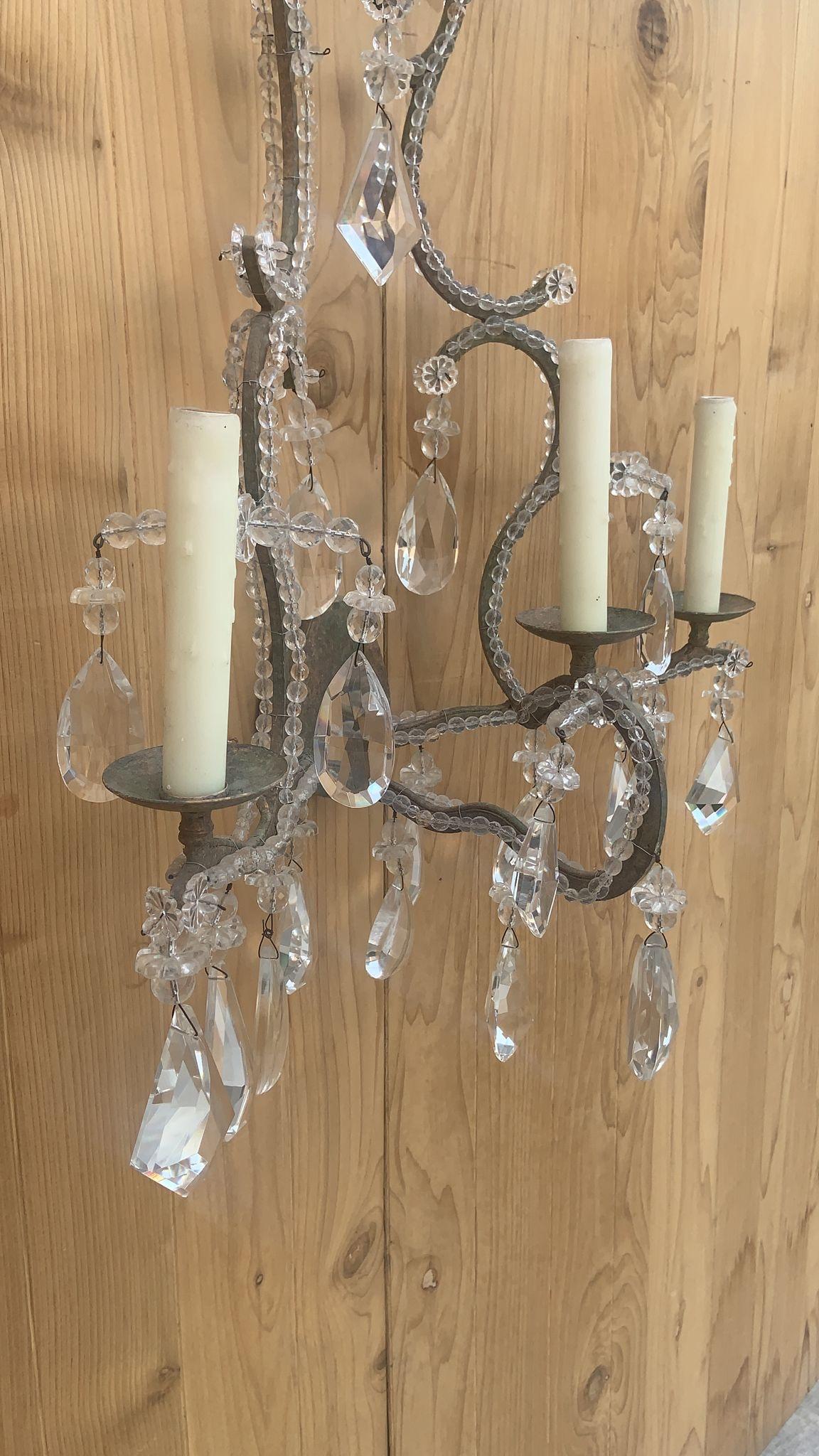 Metal Dennis & Leen French Louis XIV Style Iron & Crystal Beaded Wall Sconces - Pair For Sale
