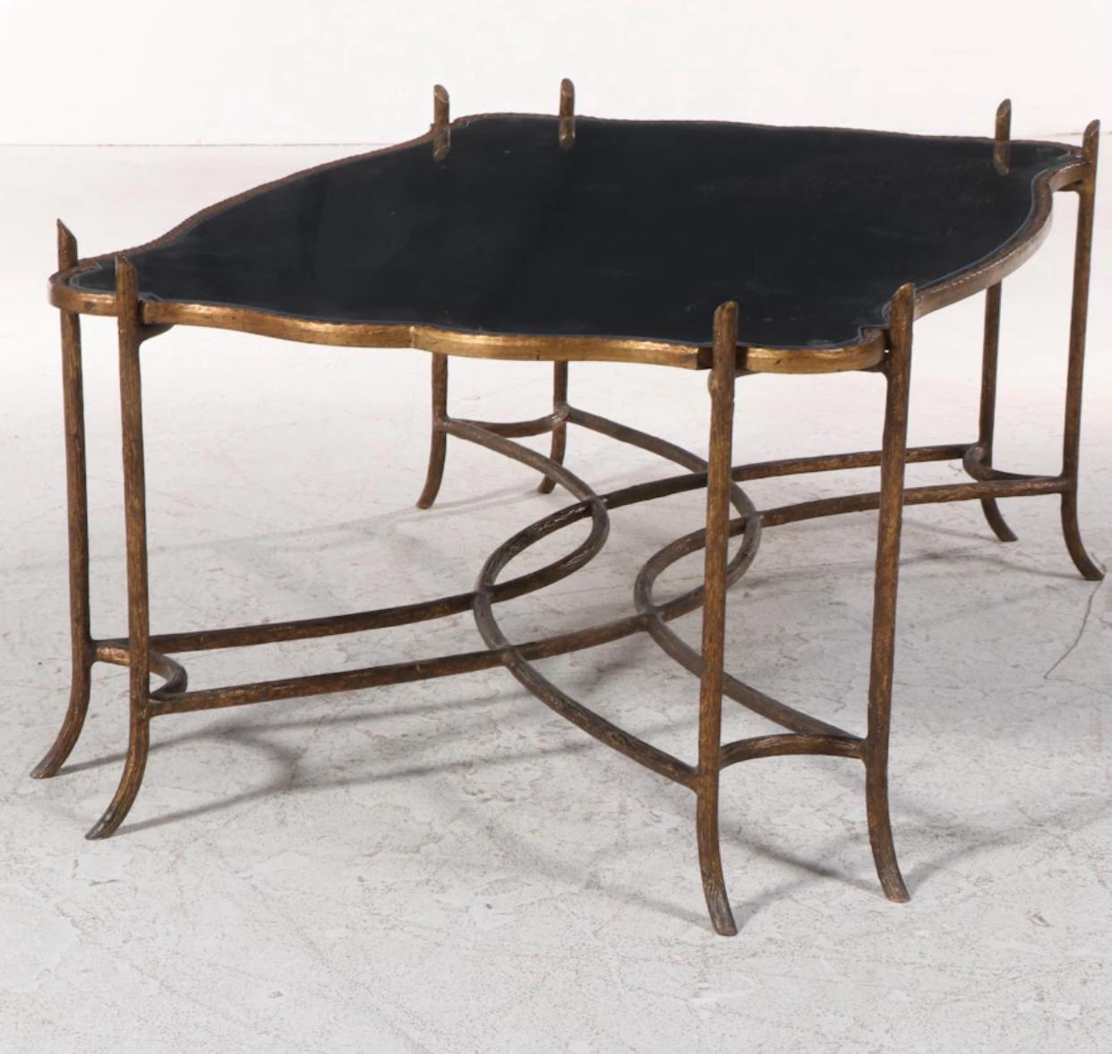 Dennis & Leen Chinoiserie faux bois D’Ore Bronze coffee table with fixed tray top. Distressed finish to frame and checked black lacquer over gilt incised top. Glass overlay. 