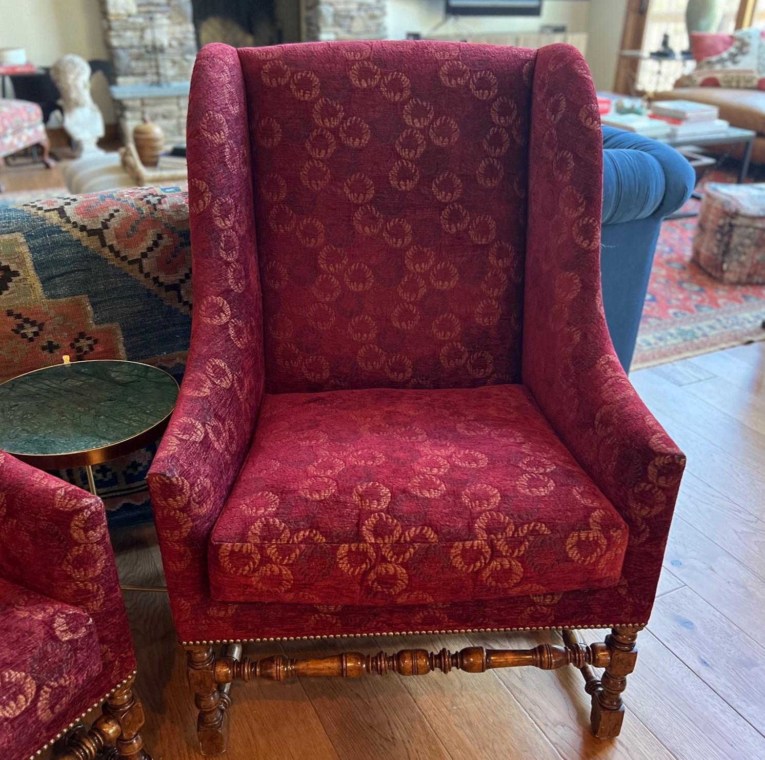 Dennis & Leen, LA Louis XIII Fireside Wing Chairs With Turned Wood Base - A Pair In Good Condition In Morristown, NJ