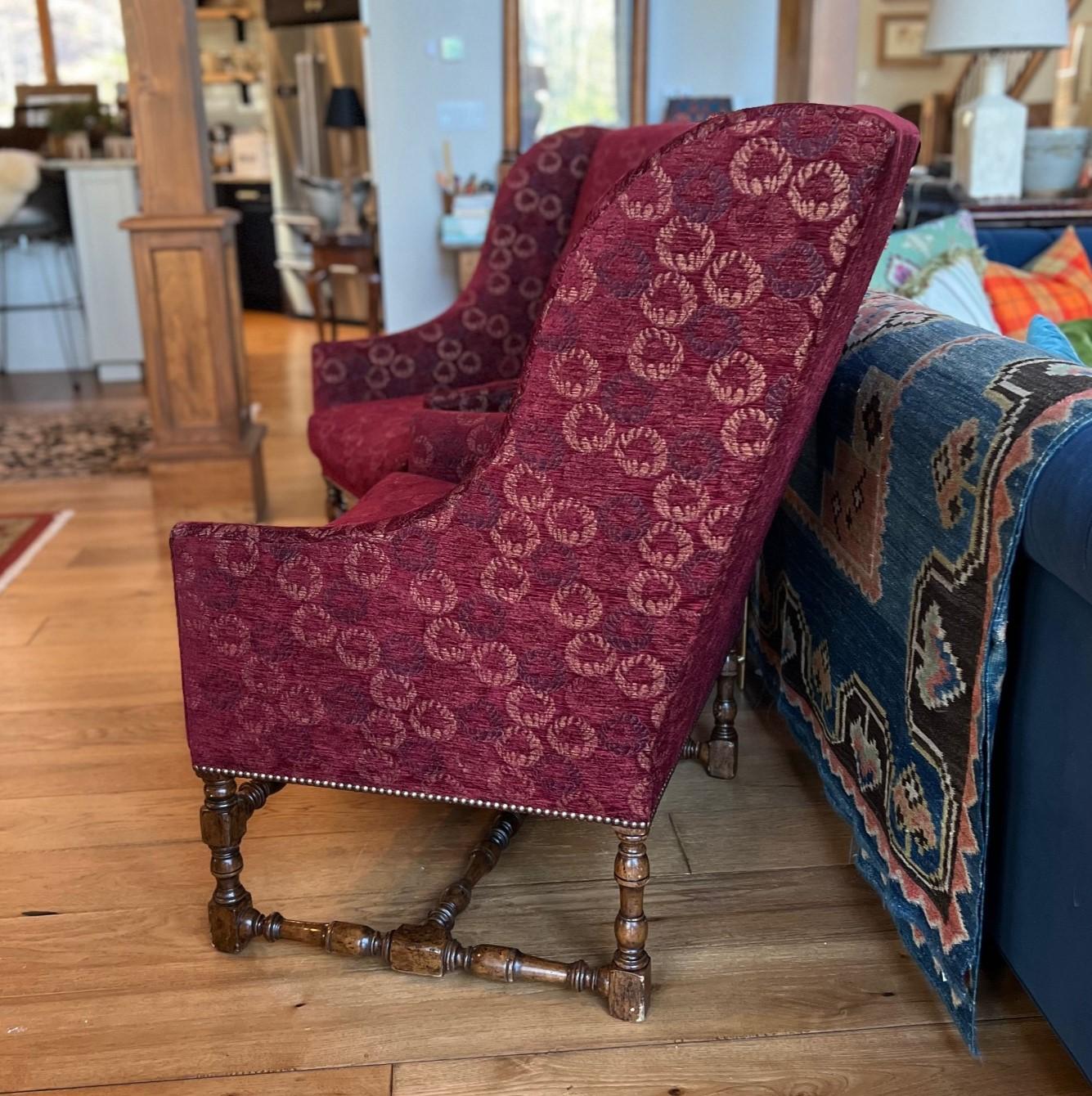 Late 20th Century Dennis & Leen, LA Louis XIII Fireside Wing Chairs With Turned Wood Base - A Pair