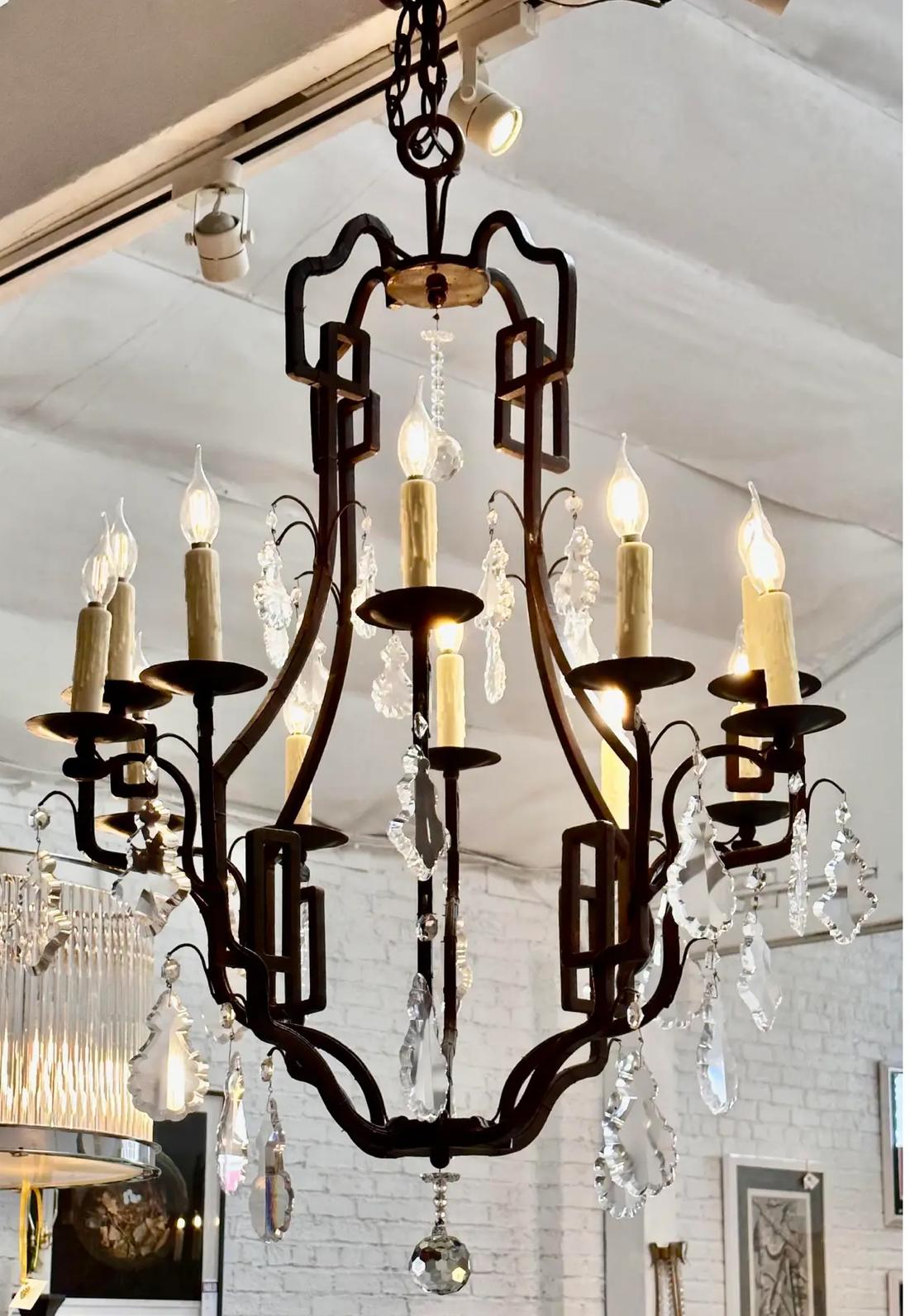 Art Deco Dennis & Leen Montalvo Wrought Iron & Crystal Chandelier