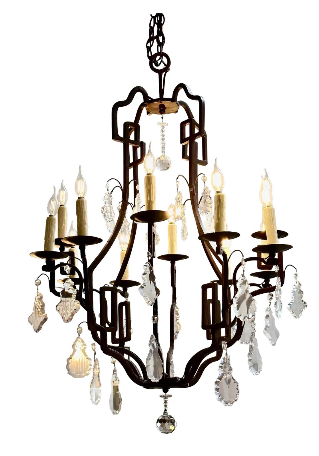 Dennis & Leen Montalvo Wrought Iron & Crystal Chandelier In Good Condition In LOS ANGELES, CA