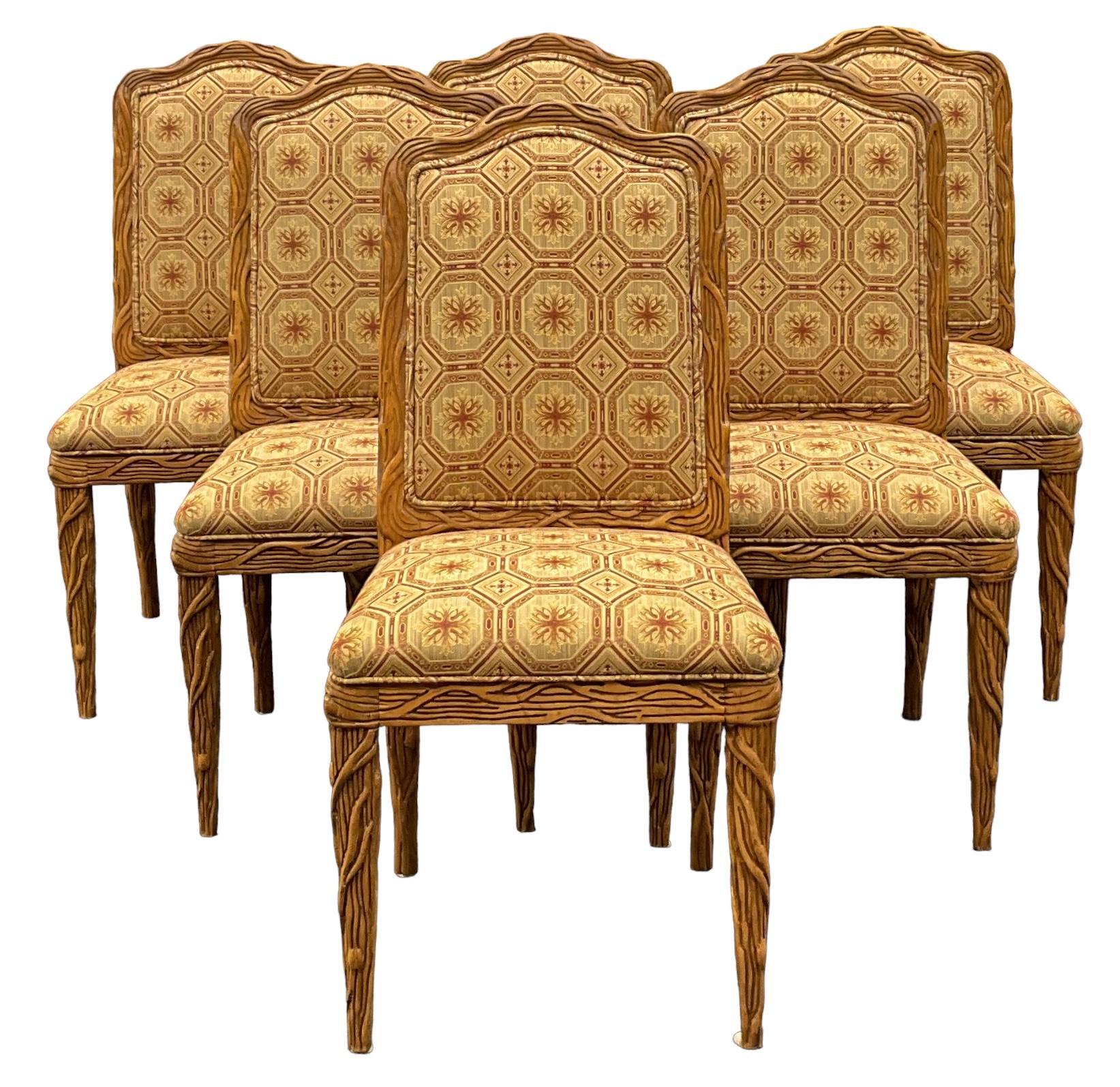 I love a set of side chairs! Perfect for that breakfast round table. This is a set of faux bois carved wood side chairs in the manner of Dennis and Leen. The upholstery is vintage and in very good condition , as are the frames. The holidays are a