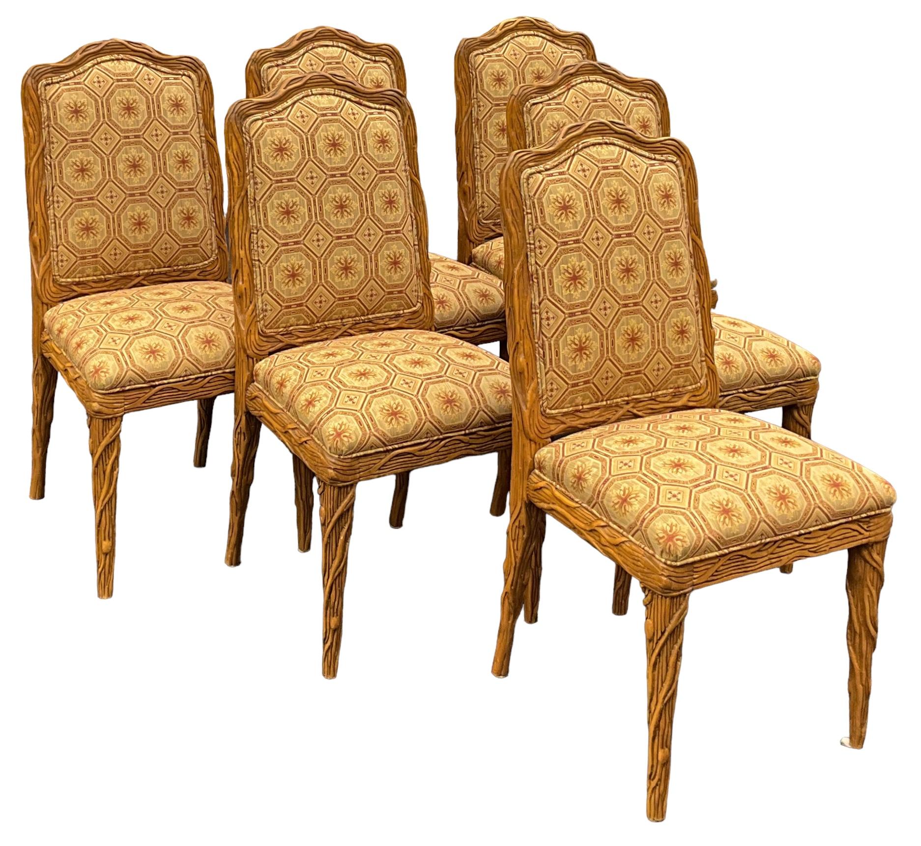 Dennis & Leen Style Carved Wood Faux Bois Dining Side Chairs - S/6 In Good Condition For Sale In Kennesaw, GA
