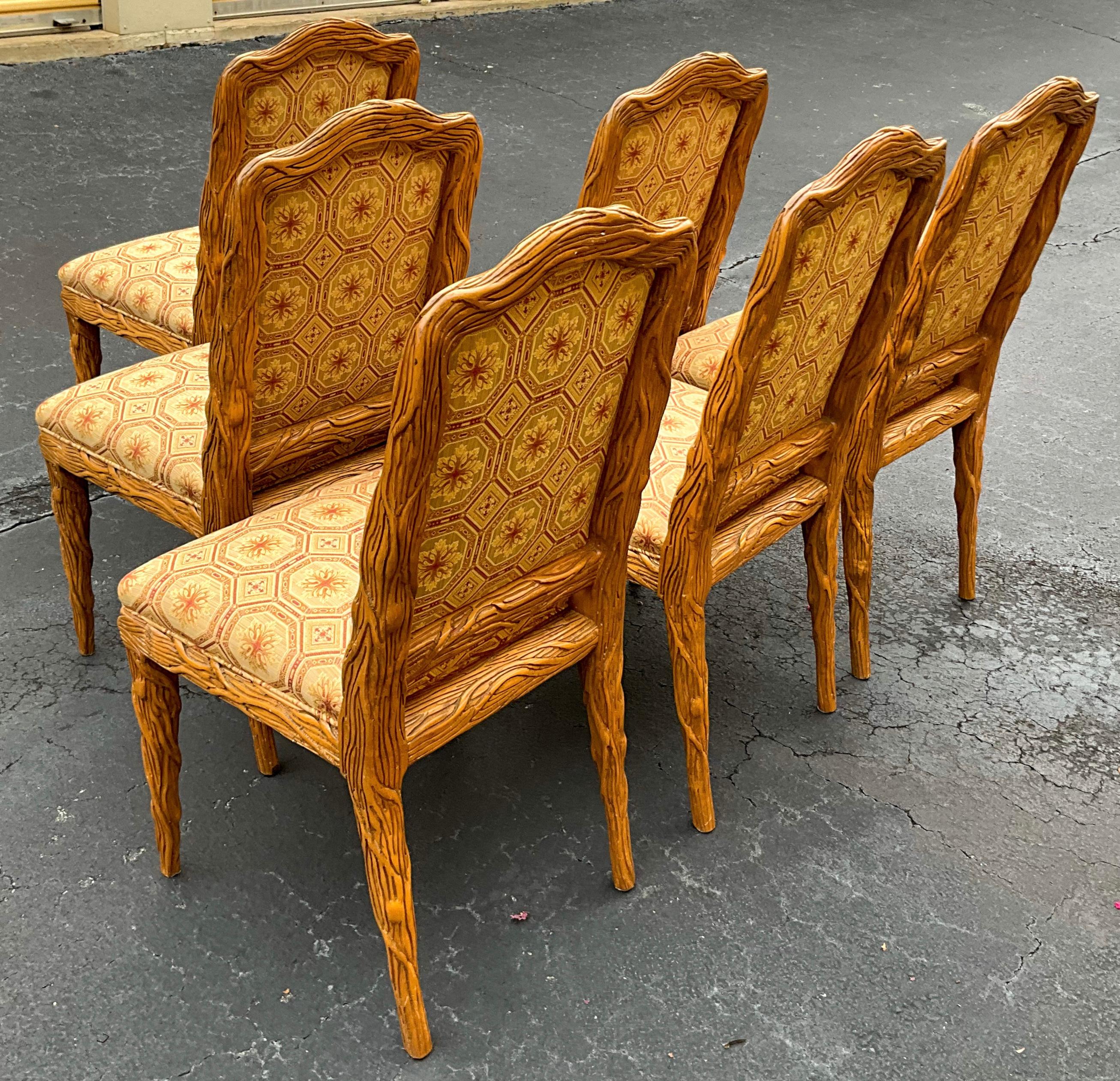 Upholstery Dennis & Leen Style Carved Wood Faux Bois Dining Side Chairs - S/6 For Sale