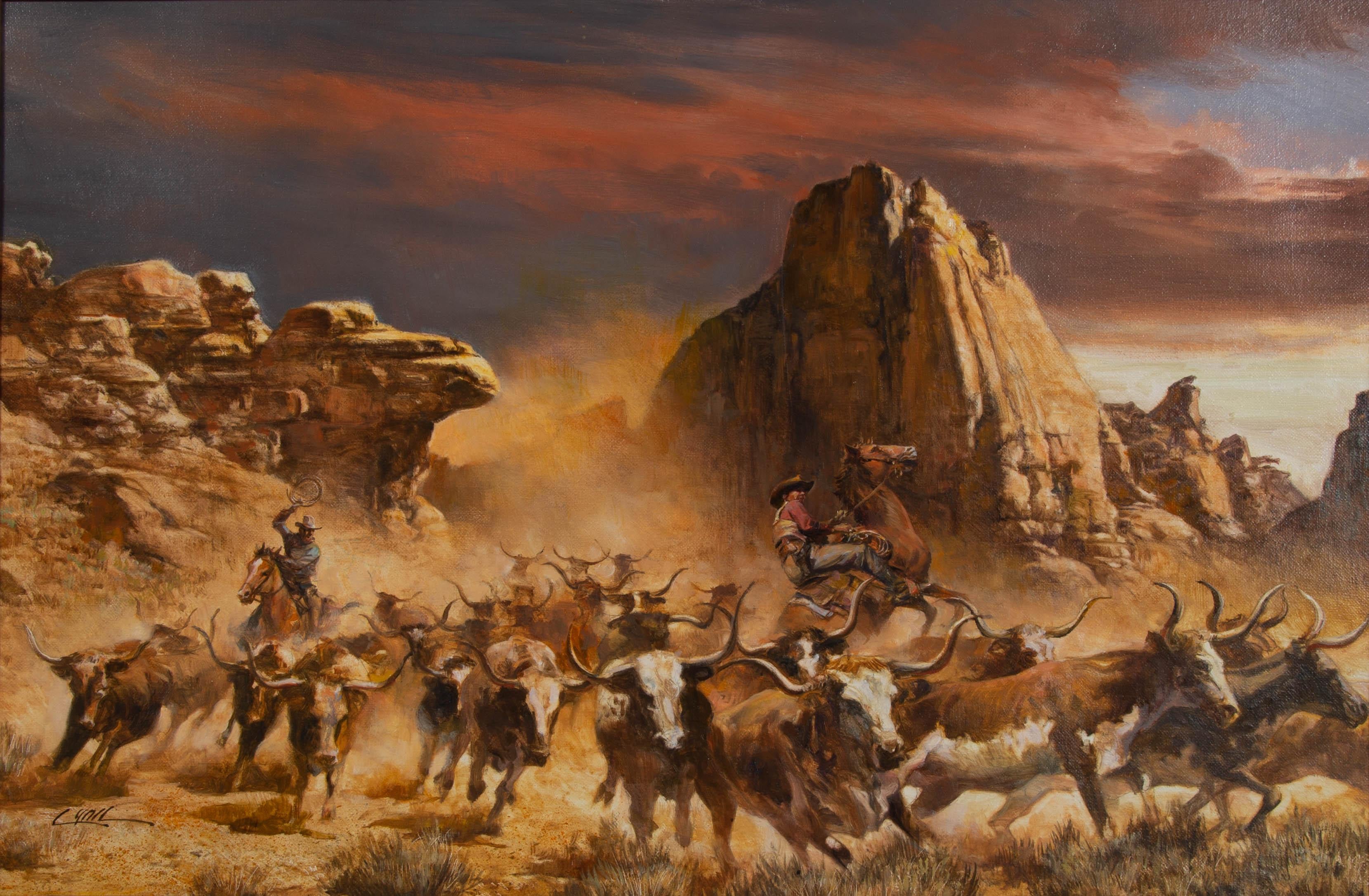 Peinture à l'huile sur toile de Rio Hondo, Cowboy, Art occidental - Painting de Dennis Lyall
