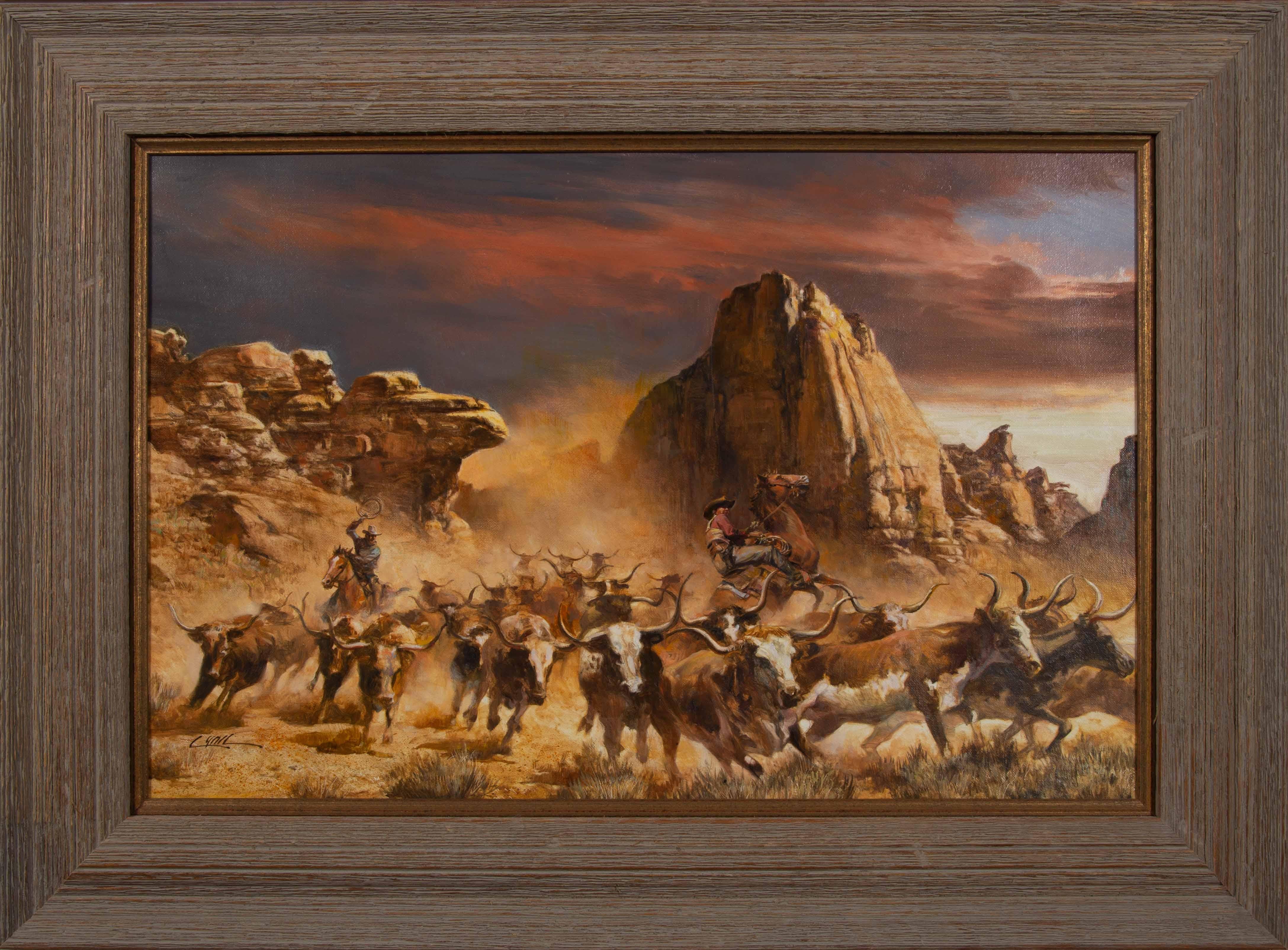 Figurative Painting Dennis Lyall - Peinture à l'huile sur toile de Rio Hondo, Cowboy, Art occidental