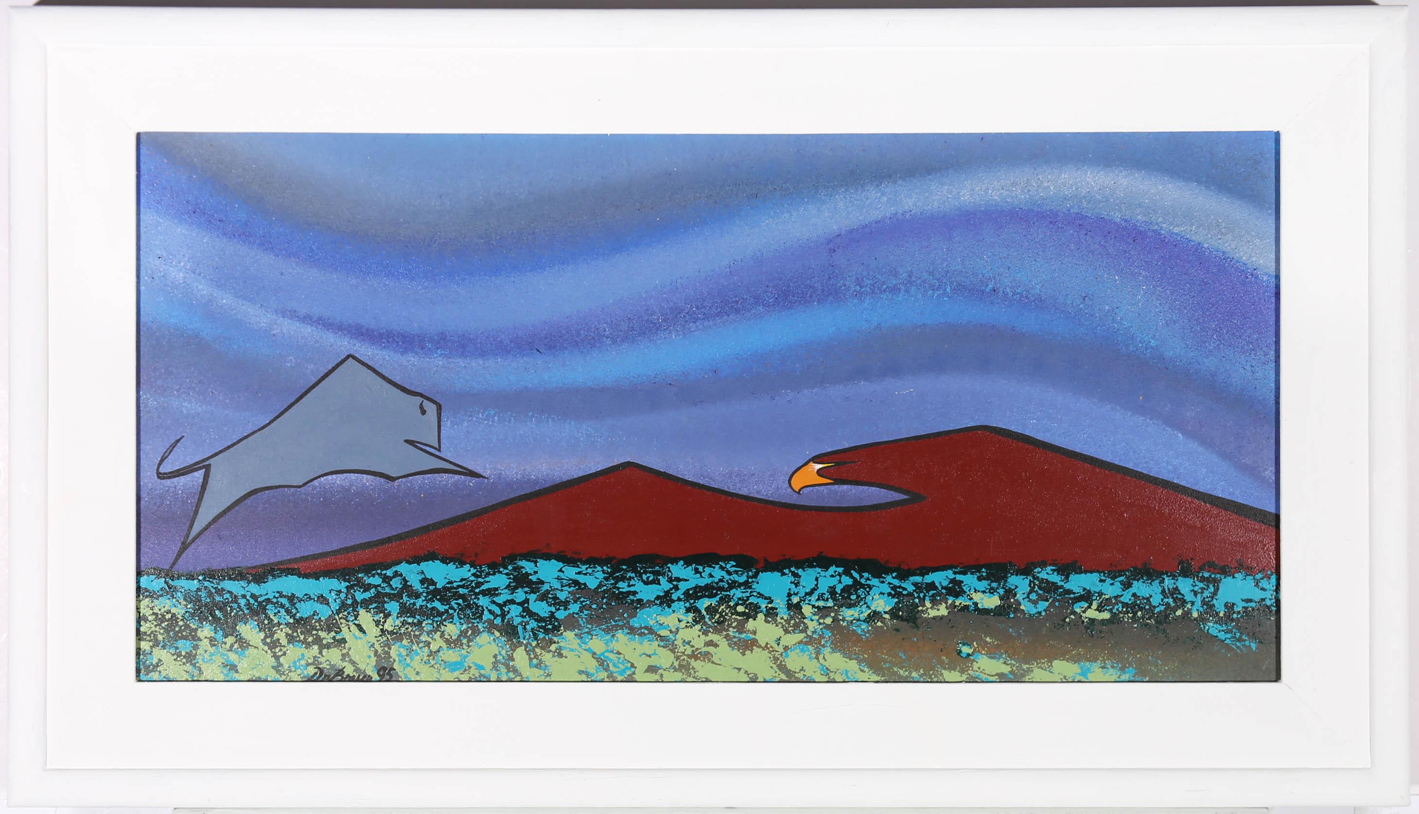 A striking contemporary scene in acrylic, telling a the Native Canadian tale of the Buffalo jumping over the Eagle. The artist has signed and dated to the lower edge and the painting is presented in a simple white frame. There is an inscription at