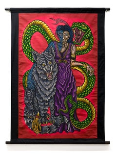 „ Geschwister“, Holzschnitt, Schlange, Wolf, Tier, menschliche Figur, Mythologie, Handgemalt