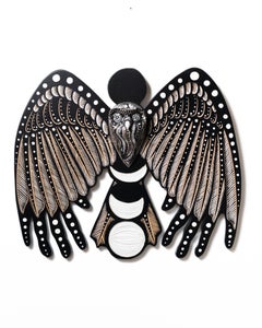 "Give and Take", the Owl and the Moon Cycle, woodcarving of wings and moon phase