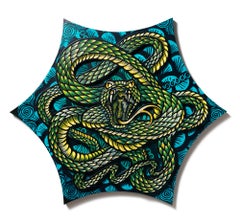"Jörmungandr", Woodcarving, Relief, Green Snake, Woodcut printed patterns