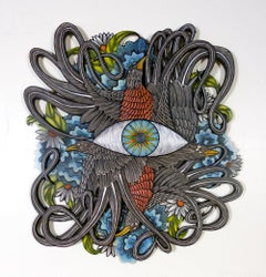 "Spirit of the East", Woodcarving Wall-Hanging Sculpture, Robin, Bird, Eye