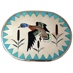 Dennis & Nancy Edaakie Silver Zuni Inlay Belt Buckle with Duck Design