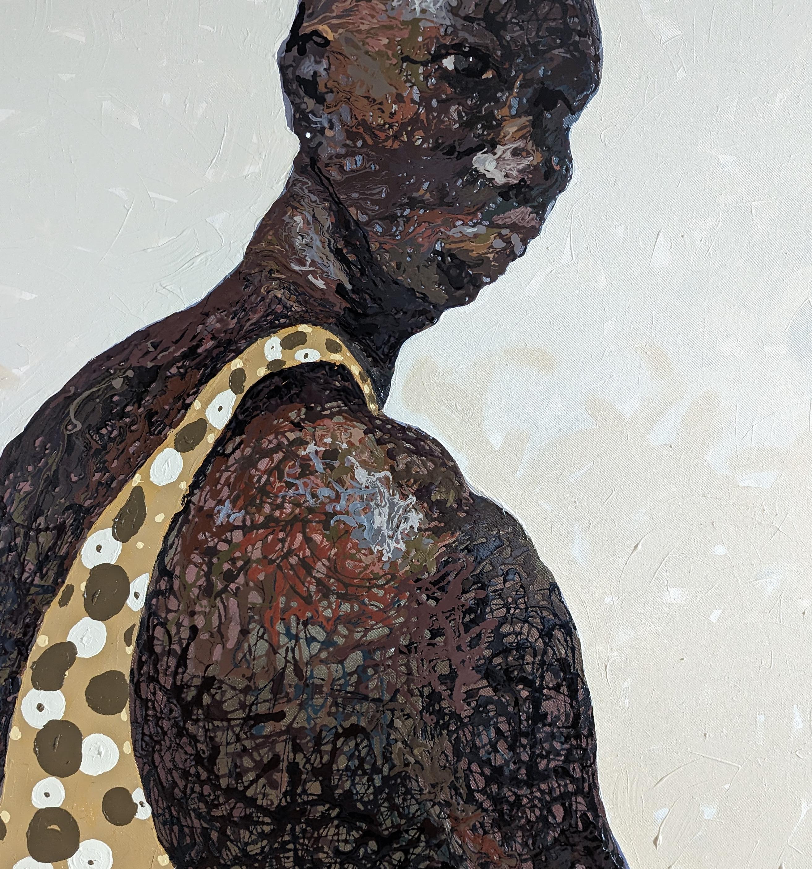Vivere per il presente 1 - 21° secolo, contemporaneo, figurativo, neo-espressionismo - Figurative Painting Grigio di Dennis Onofua