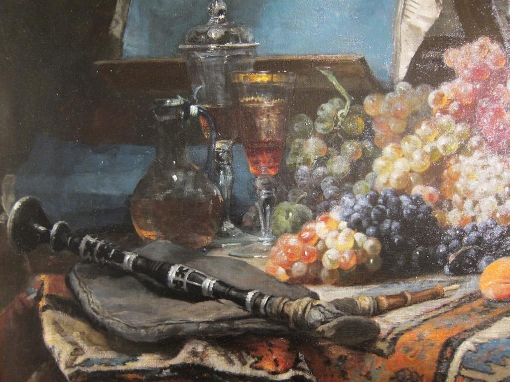 Oil on canvas, signed, 44 x 55 inches canvas, 50 x 61 inches frame
Dennis Pierre Bergeret was born at Villeparisis in 1846. He trained under Eugene Isabey, Jules Lefebvre and Leon Bonnat. One of the most popular still life painters of his time he