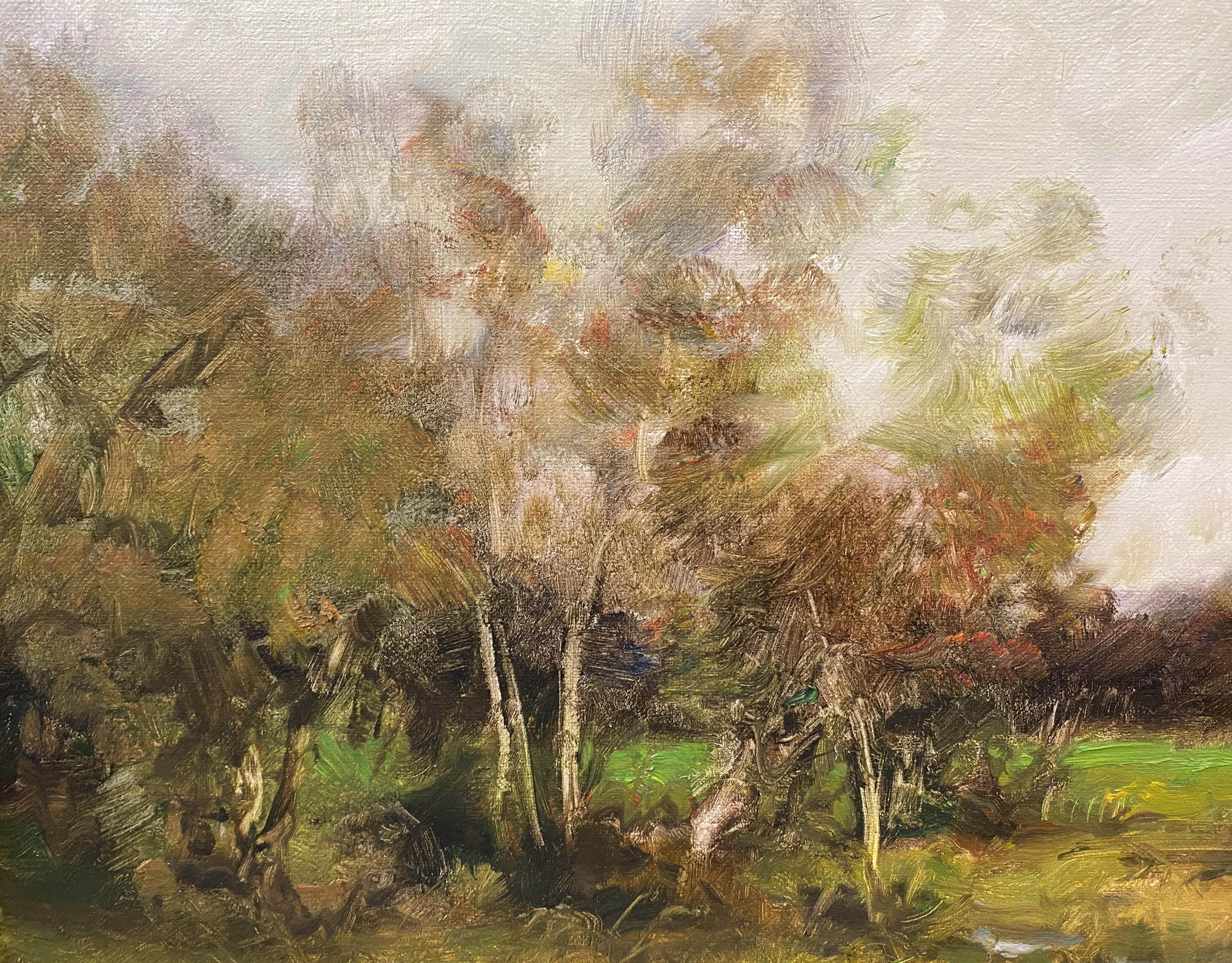 Un bel paesaggio tonalista con una pausa tra gli alberi dell'artista contemporaneo americano Dennis Sheehan (nato nel 1950). Sheehan nacque a Boston, nel Massachusetts, e divenne famoso come pittore tonalista nello stile della Scuola di Barbizon