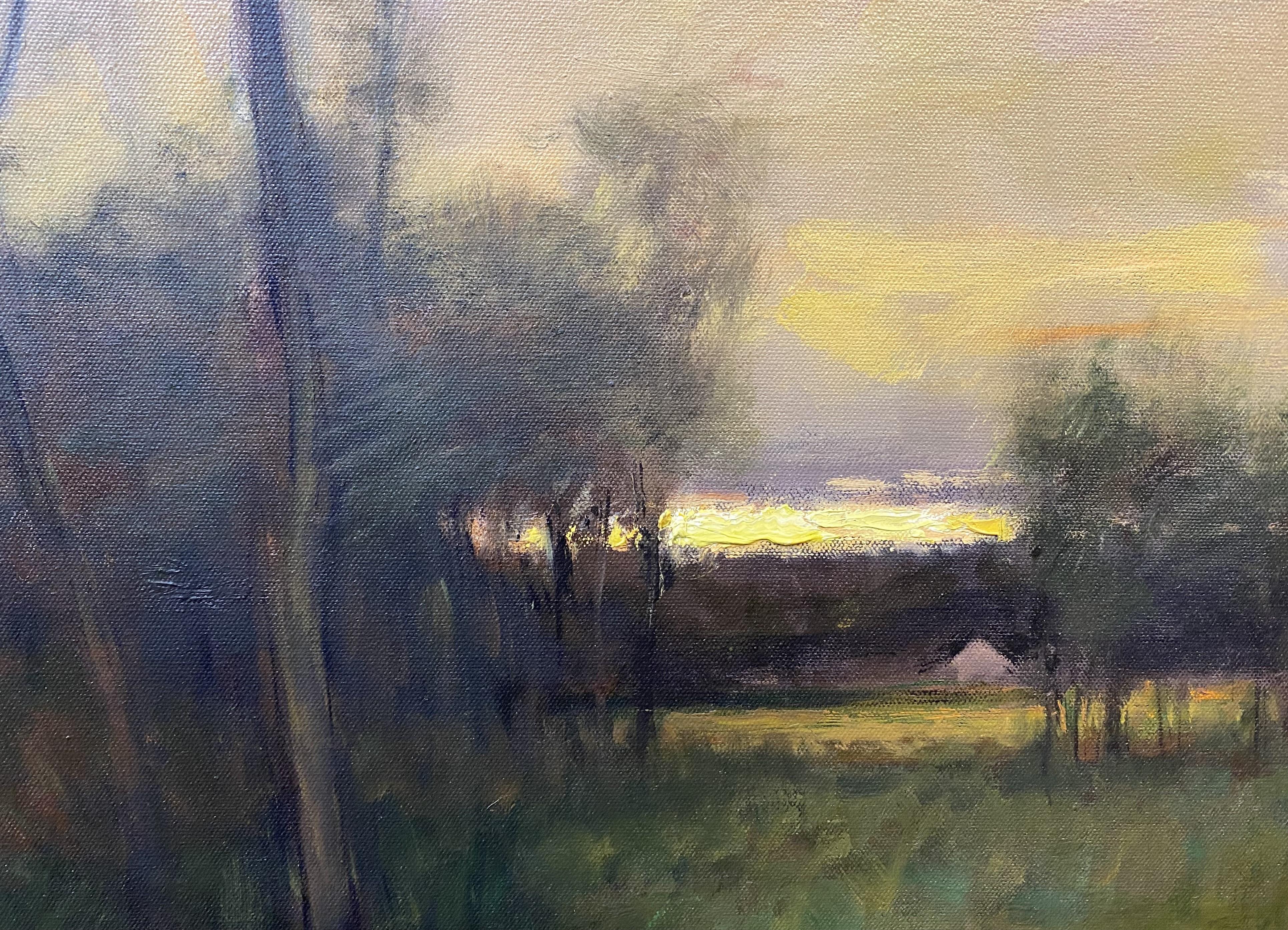 Fino óleo de paisaje tonalista del artista contemporáneo estadounidense Dennis Sheehan (n. 1950). Sheehan nació en Boston, Massachusetts, y llegó a ser conocido como pintor tonalista al estilo de la Escuela de Barbizon francesa, con paletas oscuras