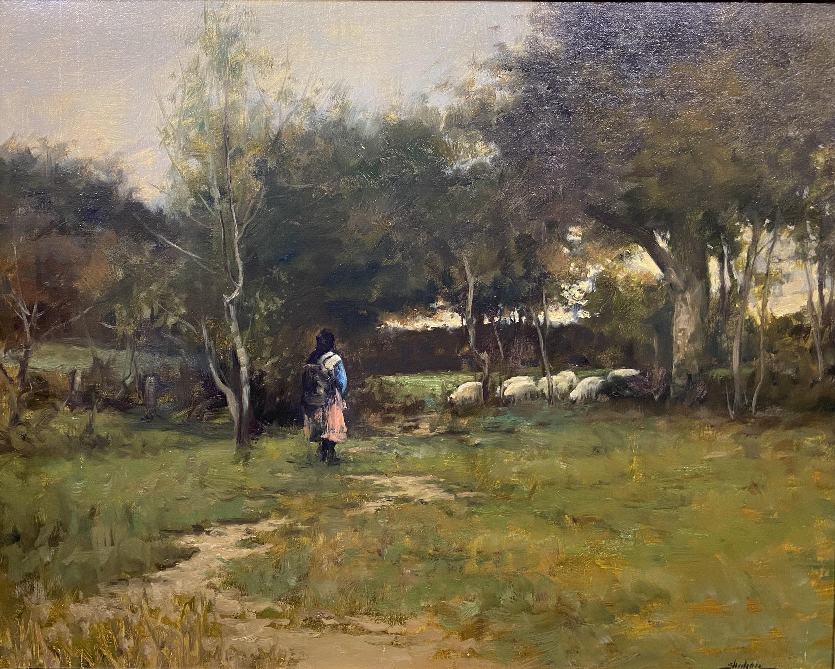Una chica con sus ovejas - Painting de Dennis Sheehan