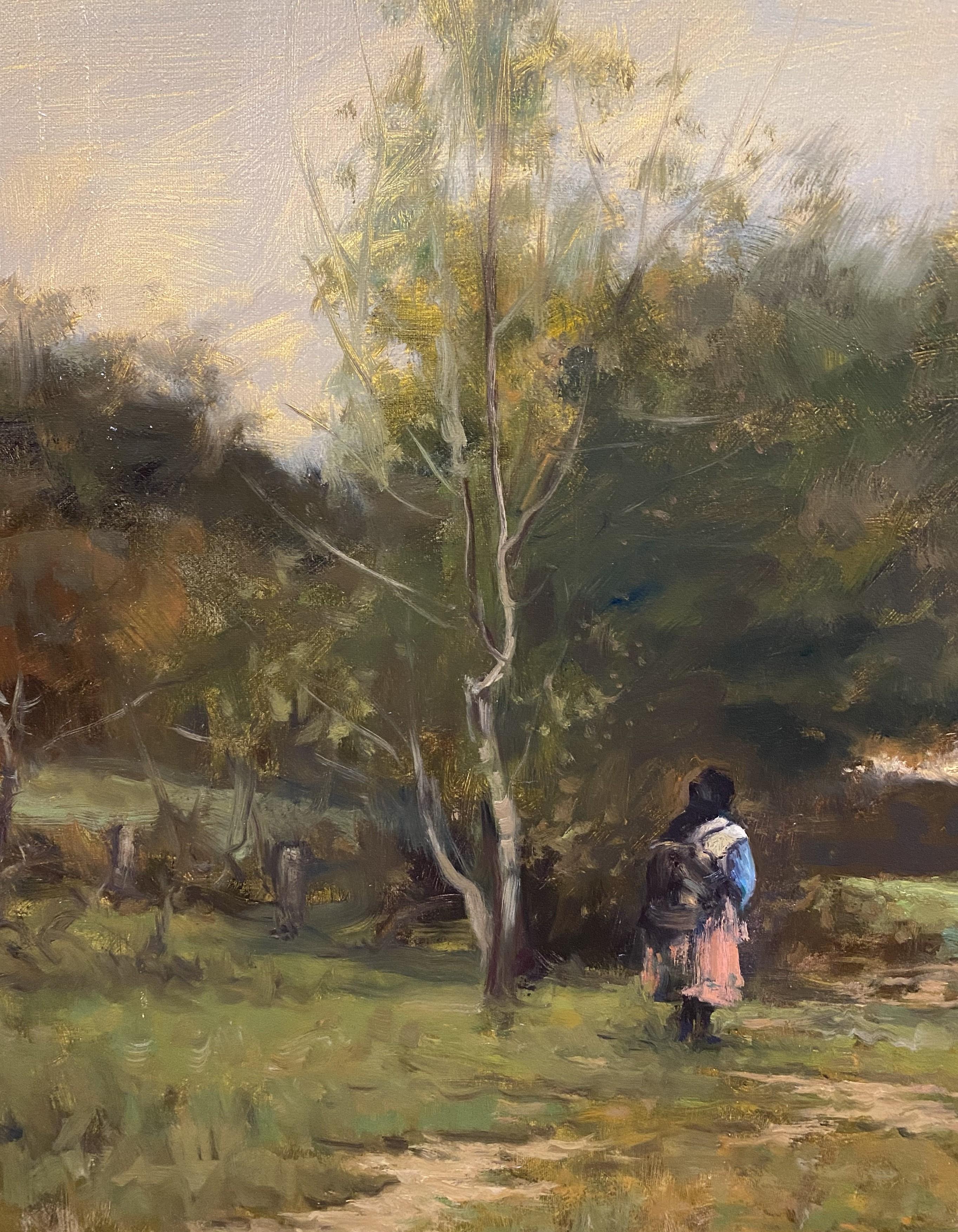 Una chica con sus ovejas - Landscape Painting Marrón de Dennis Sheehan