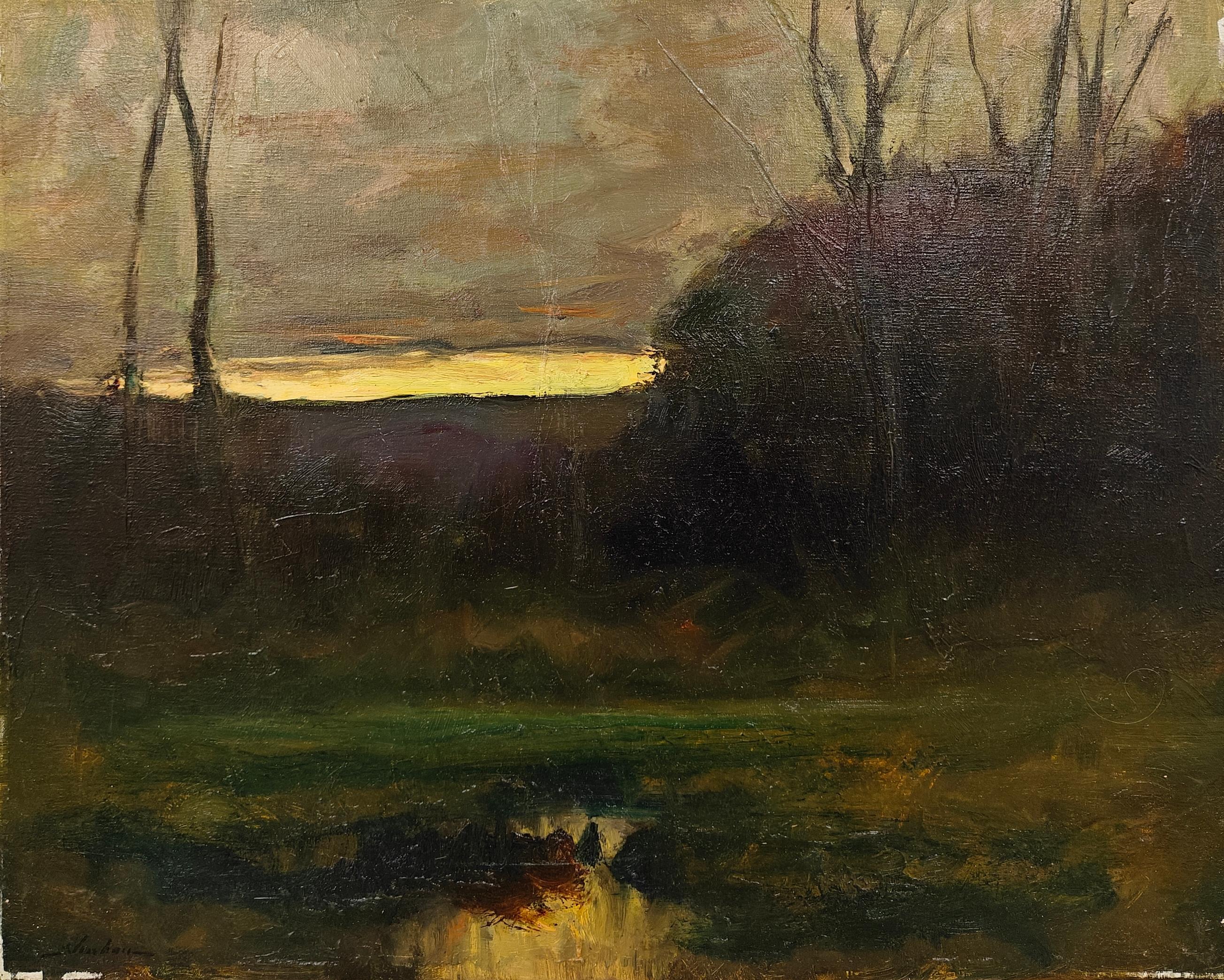 "Almost Dusk" Dennis Sheehan, Cloudy Sunset, Tonalist New England Landscape