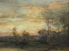 "Cielo de otoño" Dennis Sheehan, Amarillo, morado, escena de bosque tonalista, estadounidense