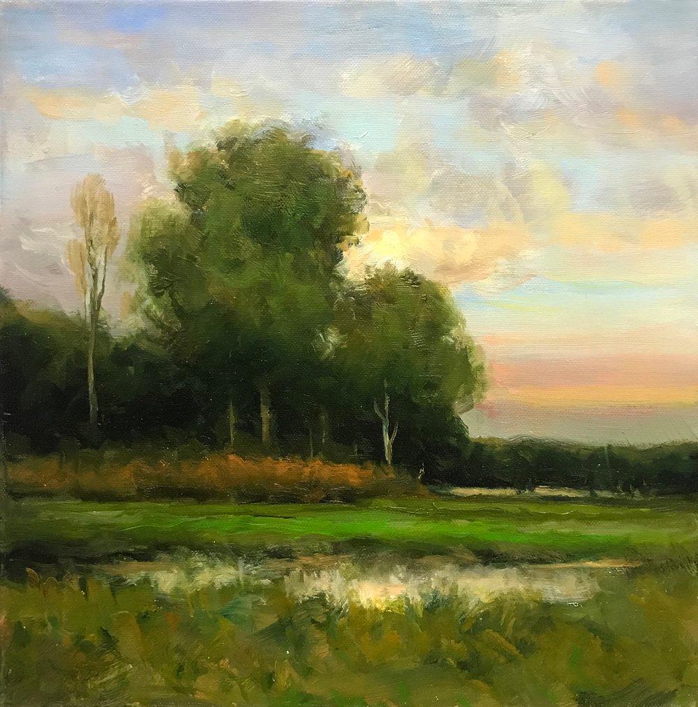Dennis Sheehan, „August Afternoon“, tonalistisches Landschaftsbaum-Ölgemälde