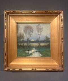 Dennis Sheehan, "Best Reflections", 12x12 Dusk Moon Tree Landscape Oil Painting