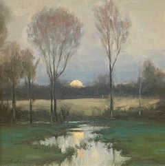 Dennis Sheehan, "I migliori riflessi", pittura a olio 12x12 con albero lunare al crepuscolo