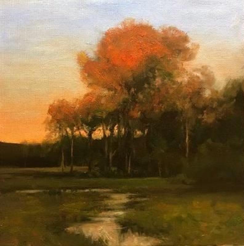 This piece, “Day
s Glory" is a 12x12 oil painting on canvas by artist Dennis Sheehan. Featured is a tranquil landscape with a stand of autumn trees glowing with warm orange light above a quiet, reflective meadow. Soft brushwork and gentle color