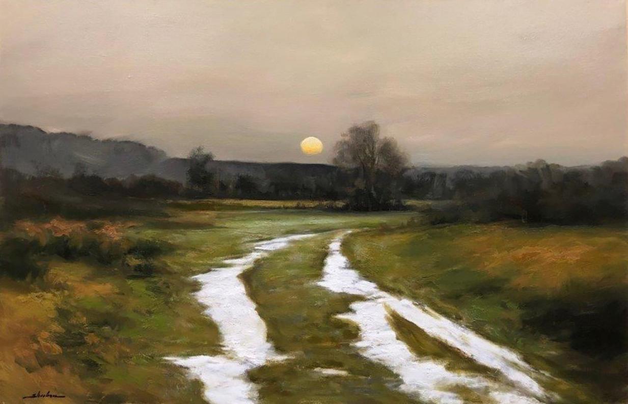 Dennis Sheehan, "Early Spring Sun", Winter Path Tree Landscape Oil Painting