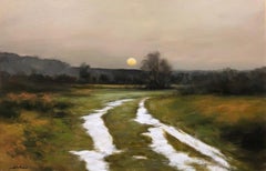 Dennis Sheehan, "Sole all'inizio della primavera", Pittura a olio su sentiero invernale e paesaggio con alberi