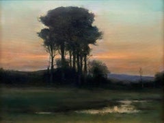 Dennis Sheehan, "Preludio vespertino", Pintura al óleo de un paisaje tonalista de atardecer malhumorado 