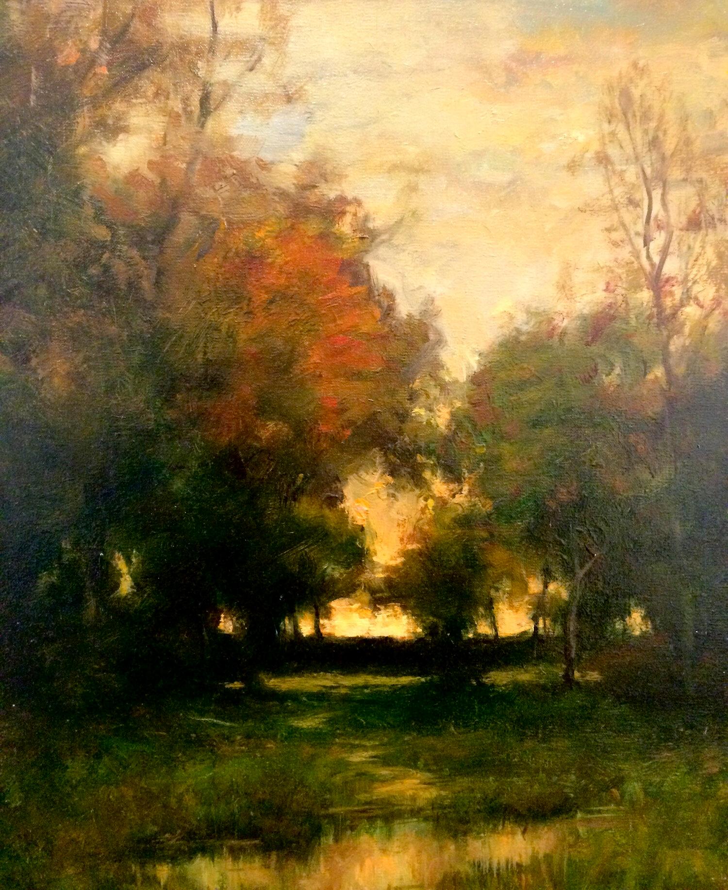 Dennis Sheehan, "Fall Hues", Moody Tonalist Landscape Oil Painting on Canvas