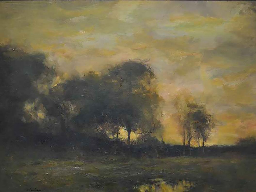 Dennis Sheehan, „Glowing Hedgerow“, Moody Tonalist, Landschaft, Ölgemälde 