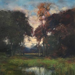 Dennis Sheehan, « Mid Fall », peinture à l'huile sur toile de paysage toniliste d'arbre 12 x 12 cm