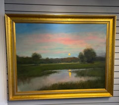 Dennis Sheehan, "Moon Over the Marsh", 30x40 Sunset Landscape Oil Painting