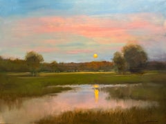 Dennis Sheehan, „Moon Over the Marsh“, 30x40 Sonnenuntergang Landschaft, Ölgemälde