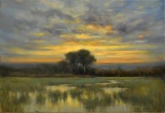 Dennis Sheehan, « Sunset on the Glen », peinture à l'huile tonaliste de paysage de marais 