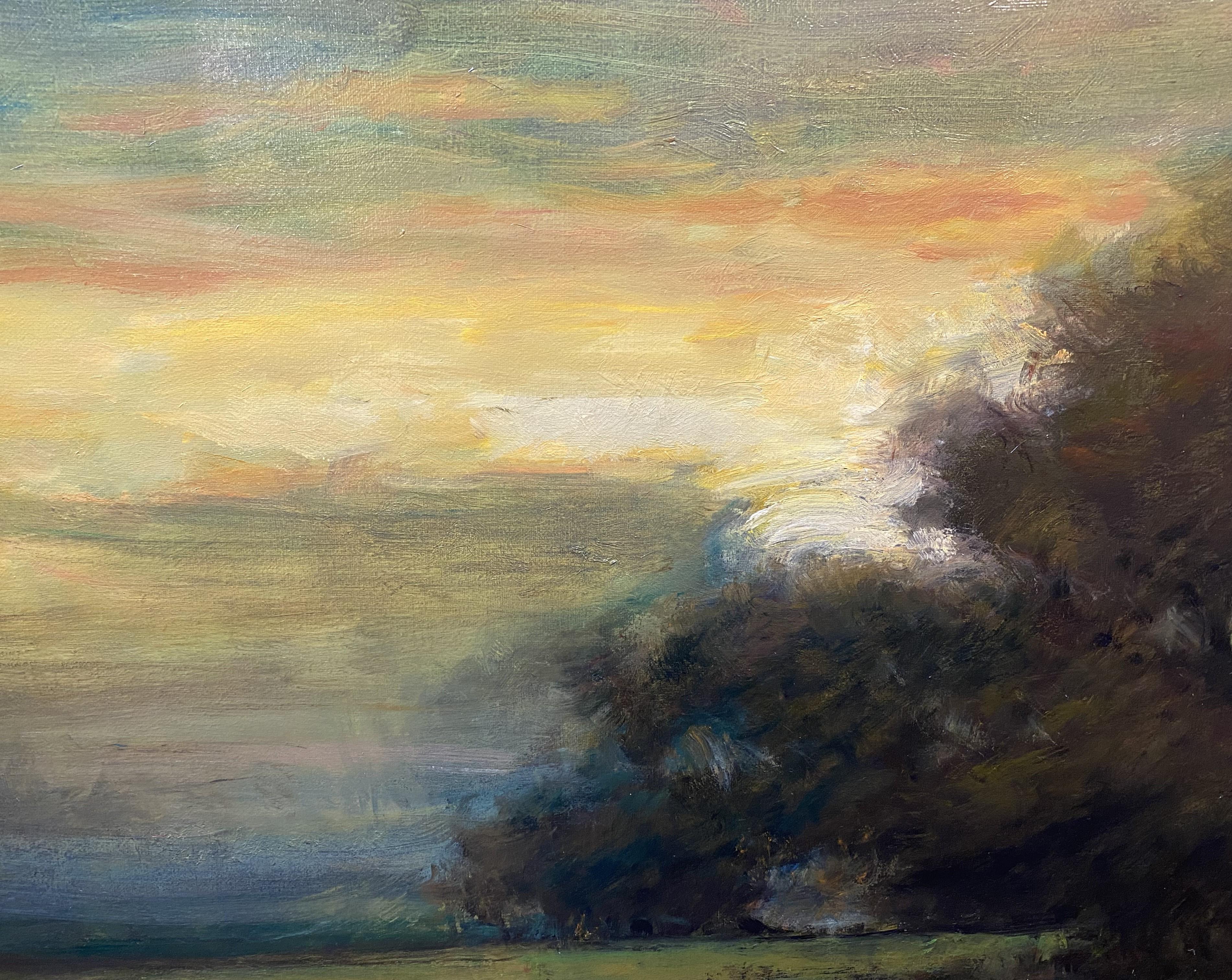 A fine tonalist landscape with colorful twilight sky at the end of the day by American contemporary artist Dennis Sheehan (b. 1950). Sheehan was born in Boston, Massachusetts and went on to become well known as a tonalist painter in the French