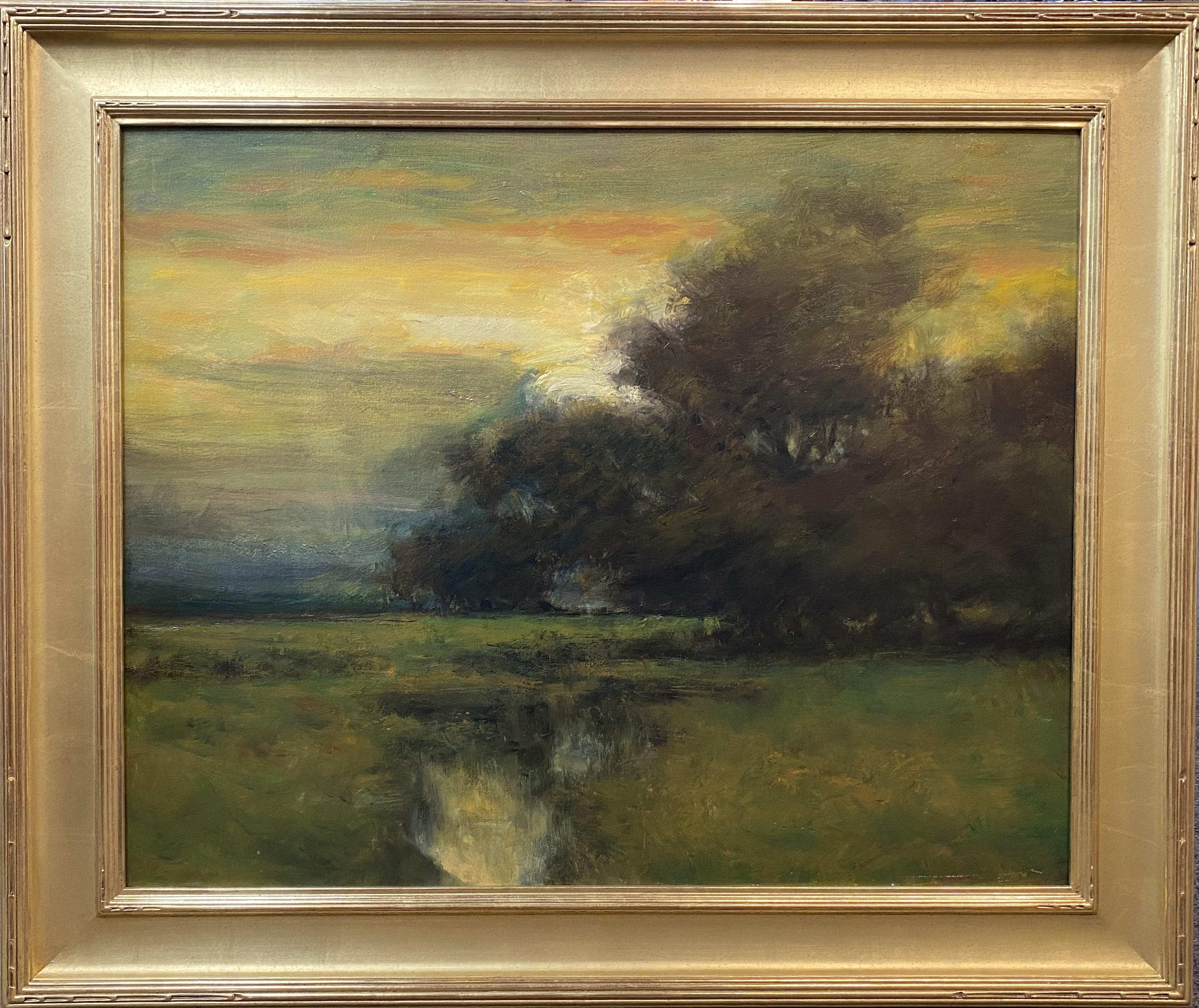 Dennis Sheehan Paesaggio tonalista dipinto a olio, cielo crepuscolare colorato