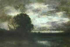Dennis Sheehan, "Pantano crepuscular", 19x28 Pintura al óleo Paisaje arbolado crepuscular y húmedo