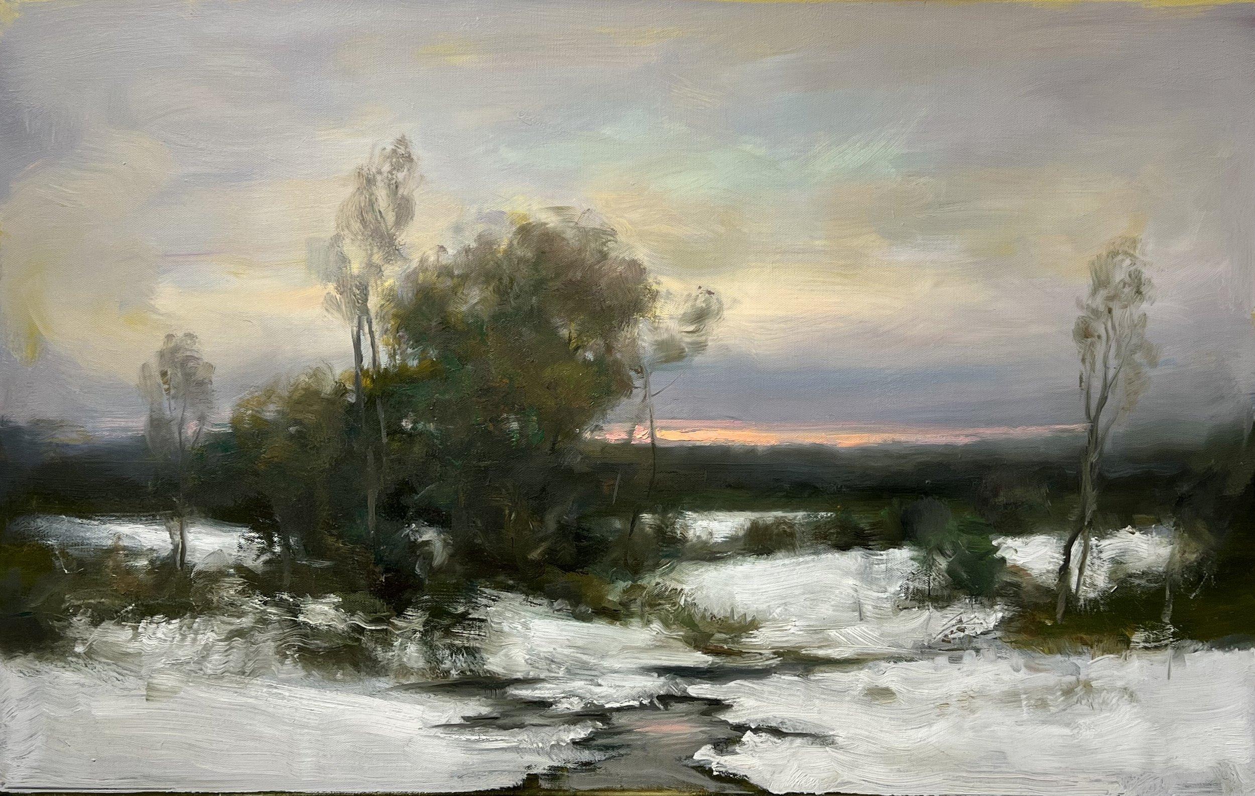 Dennis Sheehan, "Winter Skies" Snowy  Tonalist Landscape Oil Painting on Canvas