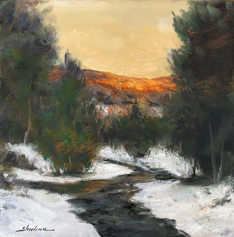 Dennis Sheehan, „Winter''s Warmth“, tonalistische Landschaft, Bergbaum, Ölgemälde