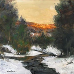 Dennis Sheehan, "Winter's Warmth", Tonalist Landscape Mountain Tree Oil Painting