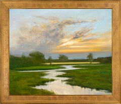 Realistische Flussssszene mit sonnenbeschienenem Himmel, „Early Morning Stream“