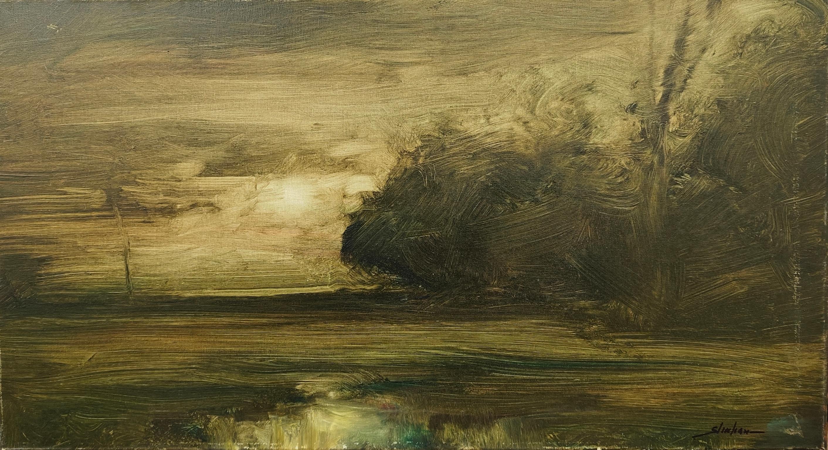 "Abendlandschaft" Dennis Sheehan, Stimmungsvolle, malerische Landschaft, Dunkelgrün