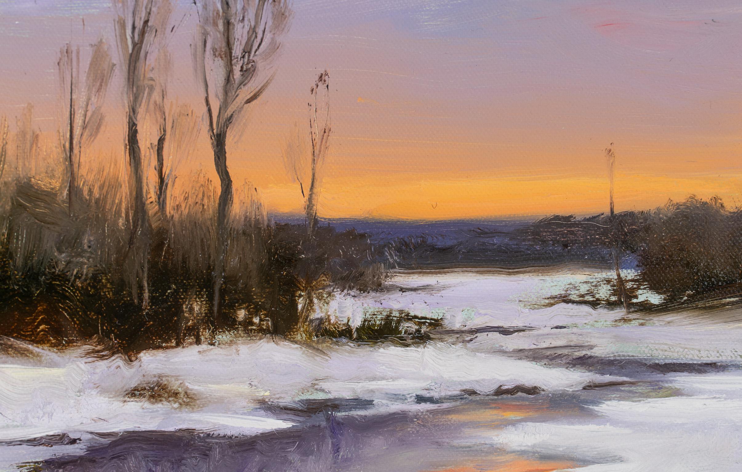 Frozen Sunset - Brown Landscape Painting by Dennis Sheehan