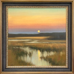 "Radura al crepuscolo" Paesaggio tradizionale con paesaggio acquatico, dipinto su tela con cornice