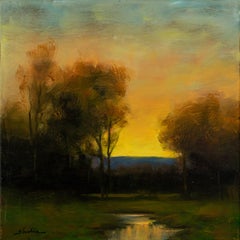 Realistisches Ölgemälde „Halcyon Glade“, Landschaft am Sonnenuntergang